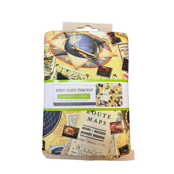 1 Yard Cut Fabric Kate Ward Thacker Bon Voyage 36x44” Travel Maps Stamps - Picture 1 of 3